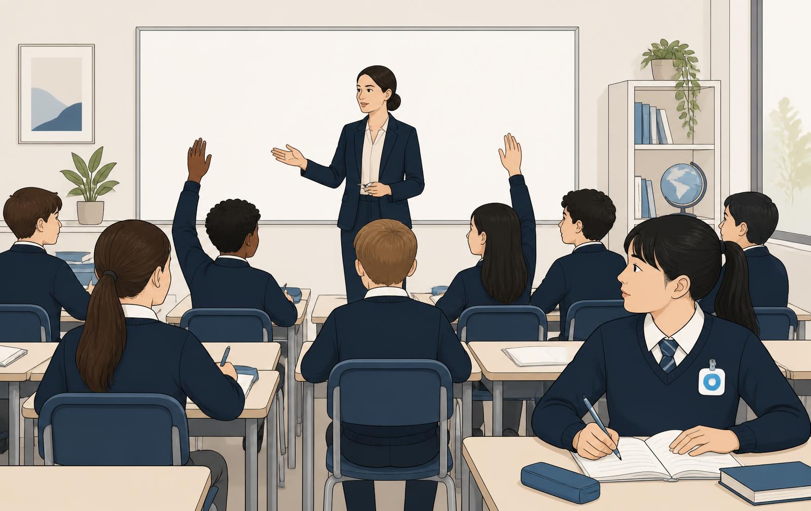 A teacher teaching a class of students in school uniform, with one student wearing a small COD badge on the chest