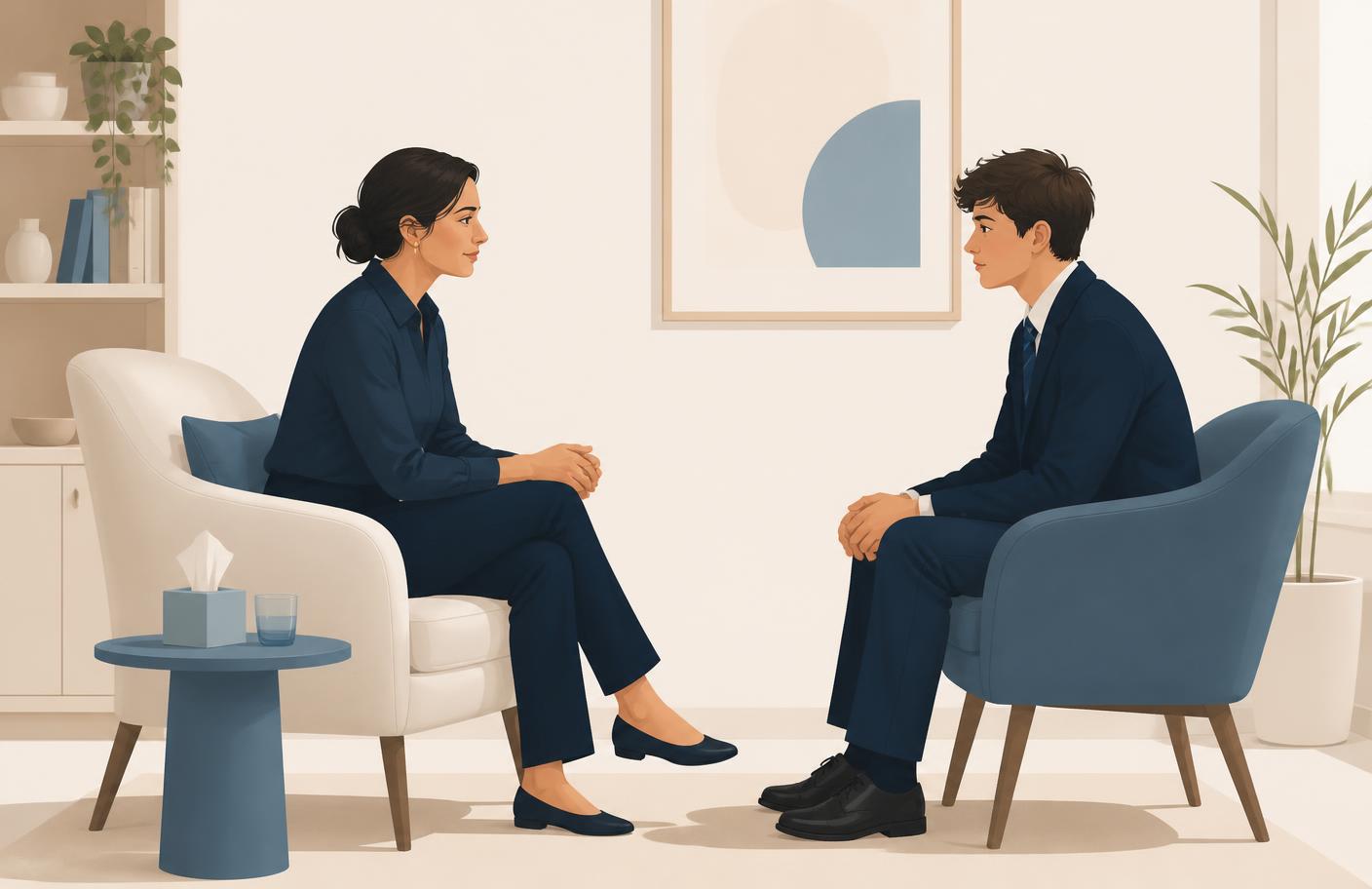 A school counsellor having a calm conversation with a student in uniform